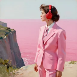 an attractive female in a pink suit and tie, standing on a cliff, wearing red hedphones, looking out at a pink ocean, by jc leyendecker!! phil hale!, angular, brush strokes, painterly, vintage, crisp
