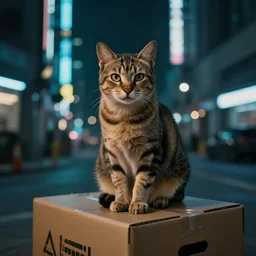 photography of a Cat sitting on a box.  in a cyberpunk street, award winning photo, led lighting, night, 24mm, sharp, high res