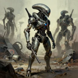sci - fi art, alien tech hunter, robot junk in the background, art by fred gambino