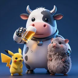 high quality 3 d render sci - fi very cute cyborg cow & fluffy! wombat!! hybrid! drinking beer, highly detailed, unreal engine cinematic smooth, in the style of blade runner & detective pikachu, hannah yata charlie immer, dark blue neon light, low angle, uhd 8 k, sharp focus