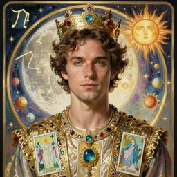 james marsden portrait by louis - theophile hingre and alphonse mucha, realistic, sharp focus, zodiac signs, tarot cards, planets, ethereal, art nouveau, magic, moon, sun, crown, dreamy, royal, jewellery