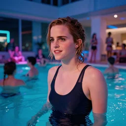 A photo of Emma Watson in a pool party filled with people in a modern indoors pool with cyberpunk illumination at night .