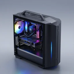 gaming rgb computer from future, cyberpunk style, product photo, octane render, unreal render, ultra detail, no noise, isometric, full view