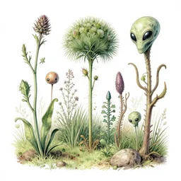 Alien plants from alpha centauri, illustrated from nature. highly detailed botanical field sketches