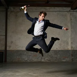 an elgant detailed portrait of a man boisterously dancing around the room by himself holding an empty wine bottle as he jumps in the air in a (warehouse), striking artistic concept, perfect composition, detailed facial expression, fine detail, dramatic lighting, award-winning photo UHD, 4K