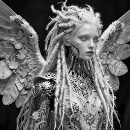 monochrome render, stunning beautiful young angelic cute biomechanical albino female dreadlocked cyborg with a porcelain profile face, rim light, big leaves and stems, roots, fine foliage lace, alexander mcqueen, art nouveau fashion embroidered, steampunk, hippie, punk, gtoddess, fine craftsmanship, intricate silver filigree details, hexagonal mesh wire, mandelbrot fractal, mandala twine, jellewed, ornate, fairies, lsd, dmt, alex grey, giger, elegant, photo - realistic, artstation trending