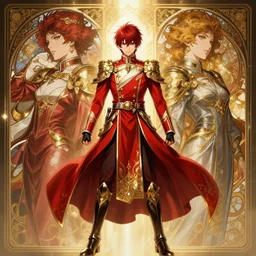 symmetry!!!!!! beautiful anime soldier full body portrait, sci - fi, wearing red and gold ornate clothing, ultra detailed, elegant, intricate, anime, dynamic lighting, digital art, digital painting, artstation, wlop, sharp focus, illustration, art by artgerm and greg rutkowski and alphonse mucha, 8 k