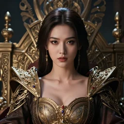 closeup portrait of a fierce beautiful young asian queen with medium length hair, sitting on her throne, ruler of the universe in the year 3 0 0 0, highly detailed, intricate, elegant, hyperrealism, digital art by ross tran and artgerm and greg rutkwowski and wlop, 8 k hd