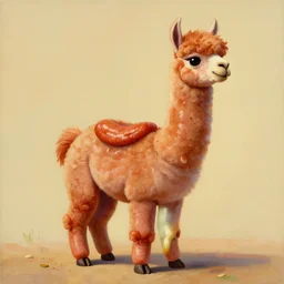 a cartoonish painting of an alpaca made out of sausages, the neck and legs of the alpaca are sausages! with smooth shiny skin. high resolution, in the style of dali