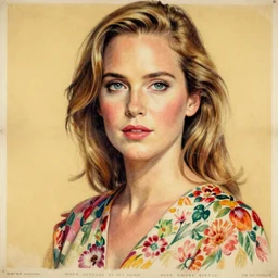 “ sarah paulson portrait by ikenaga yasunari and ayana otake and ko rakusui, 6 0 s poster, drawing, realistic, sharp focus, japanese, dreamy, nostalgia, faded, golden hues, floral clothes, porcelain skin ”