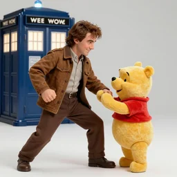 inigo montoya playing with winnie the poo with dr. who tardis in the background