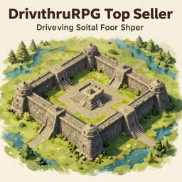 top-down view of a stone fort sitting above a swamp, detailed, hand-painted, drivethruRPG top seller popular