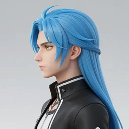side profile of rimuru tempest with sky blue hair, long hair, gold eyes, black jacket with white stripes and a high collar | highly detailed, matte, greek city in the background, professional digital painting, digital art, concept art, award - winning photography, cinematic, wlop | art by pixiv art, ilya kuvshinov, yoshitaka amano