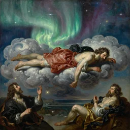 a detailed profile oil painting of a men floating over a toiled, aurora lighting clouds and stars by beksinski carl spitzweg and tuomas korpi. baroque elements. baroque element. intricate artwork by moebius. Trending on artstation. 8k