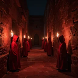 A dark hallway made of red sandstone lit up by primitive torches. Red hooded figures stand next to the torches. With there faces hidden by shadow.