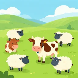 a new zealand farm, cute cows and sheep, disney, pixar, home on the range, clean cel, vector art