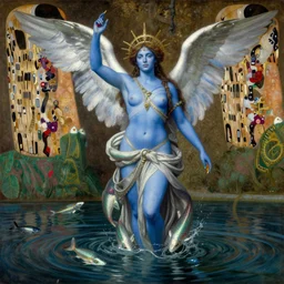 the goddess of amazon emerging from the river with blue skin and fish angels!!!!!! | by roberto ferri, by tom bagshaw, by j. c. leyendecker and klimt, american romanticism, artstation, cgsociety, highly detailed oil painting, very intricate, cinematic lighting, award - winning