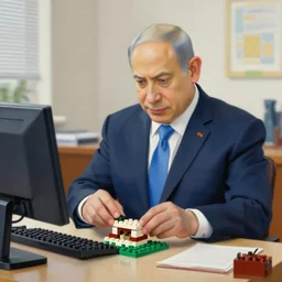 A painting of Benjamin Netanyahu playing with legos in an office, by Jan Van Eyck