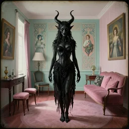 a feminine scary black demon in a liminal hotel room, daguerreotype by edward hopper, by henri rousseau, by Bosch, by Pontormo, art noveau, highly detailed, strong lights, liminal, eerie, Bright pastel colors, octane render, 8k,