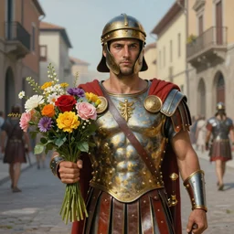 a highly detailed matte portrait painting of a roman gladiator on a roman street holding flowers, 1 0 0 ad, in the style of greg rutkowski and remedios varo, ultra realistic, detailed, intricate, full of color, 4 k, hyperrealistic, focused, extreme details, masterpiece