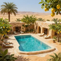 adobe villa with large rectangle swimming pool surrounded by lemon trees in the desert, game of thrones, volumetric lighting, fantasy artwork, very beautiful scenery, very realistic painting effect, hd, hdr, cinematic 4 k wallpaper, 8 k, ultra detailed, high resolution, artstation