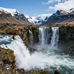 mountains with waterfalls and snow on top, iceland, new zeeland, professional landscape photography, sunny, day time, beautiful - n 9