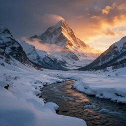 amazing landscape photo of snowy mountains with river in sunset by max rive, beautiful dramatic lighting