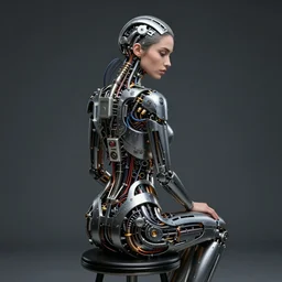 beauty woman sitting on a stool, dramatic lighting, mechanical details, back facing, electrical details, high details, 4k, 8k, trending on artstation, by Hajime Sorayama and Boris Vallejo