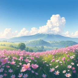 landscape, spring, morning, full of flower, beautiful cloud, quiet, no people, anime background,, illustration, sharp focus, intricate, smooth, super wide angle, trending on artstation, trending on deviantart