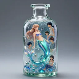 high intricate glimmering glass bottle containing a melting mermaid, maria panfilova, andrea savchenko, mike kime, ludovic plouffe, qi sheng luo, oliver cook, makoto shinkai, trending on artstation