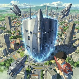 sci - fi city getting attacked by spaceships, protection shield, aerial view, art by makoto shinkai and alan bean, yukito kishiro