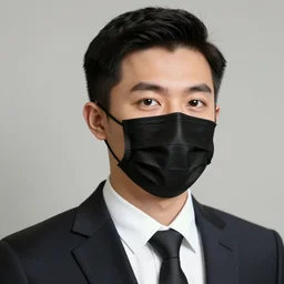 portrait of young man wearing black medical mask, suit and tie, style of tex avery