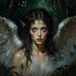 a neoclassicist close - up portrait of a big - eyed angelic demon in a jungle at night. reflective textures. glowing fog. highly detailed fantasy science fiction painting by moebius, norman rockwell, frank frazetta, and syd mead. rich colors, high contrast, gloomy atmosphere, dark background. artstation