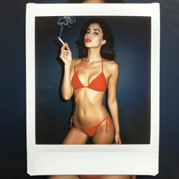 a woman in a red bikini smoking a cigarette, a polaroid photo by constance gordon - cumming, featured on tumblr, arabesque, hd, sensual, colorful
