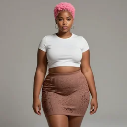 full body portrait, teenage vanessa morgan, pink hair, obese, black girl, curly pixie hair, sultry, realistic, short hair, hoop earrings, skirt, shirt, fat, belly, intricate, elegant, highly detailed, digital painting, artstation, concept art, smooth, sharp focus, illustration, art by wlop, mars ravelo and greg rutkowski