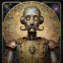1 9 6 9 hippy robot, large metal mustache, rusty, benevolent, nebula background, glowing eyes, detailed realistic surreal retro robot in full regal attire. face portrait. art nouveau, visionary, baroque, giant fractal details. vertical symmetry by zdzisław beksinski, alphonse mucha. highly detailed, realistic