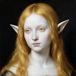 renaissance painting of elf girl with white skin and golden eyes, golden rings on red lips, flattering hair, anime, fashion portrait, hyper detailed, makoto shinkai