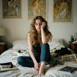 social media influencer, age 22, beautiful portrait, messy bedroom, Art by Jana Brike and Mucha, high quality, perfect composition, melancholic