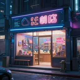 a cinematic keyframe of a cyberpunk city shop at night, highly detailed, sharp focus, unreal engine highly rendered, radiant light