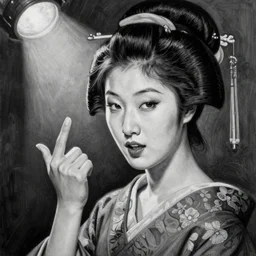 highly detailled black and white realistic painting of a geisha, night club, harmony, beautiful face, rule of thirds, spotlight, hand gesture, expressive, passionate, by jenny saville, by greg rutkowski, by lucian freud, by jeremy mann, digital painting, charcoal