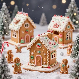 closeup of colorful miniature gingerbread house village at night, gingerbread people, candy canes, forest, christmas, snow, bokeh, depth of field 1 0 0 mm, cinematic scene, studio quality, visually stunning, unreal engine, octane render, trending on artstation, artgerm, cgsociety