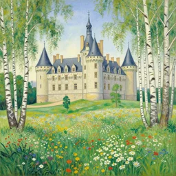 a beautiful painting of a large castle towering above a field of flowers and birch trees by moebius