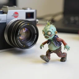 kodak portra 4 0 0, 5 0 mm leica summicron f 1. 2, action photography, long shot, dirty lenses, award winning macro photo of a small fat zombie running fast on a desk, fast shutter speed, motion blur, tiny gaussian blur, highly detailed, highly intricate, depth of field, national geographic
