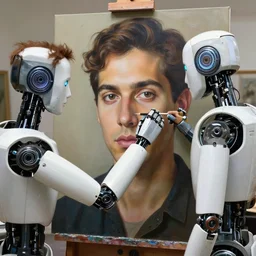 robot artist painting a self - portrait on a canvas. intricate, highly detailed, photorealistic, film still, by alexandros pyromallis, sachin teng, hans thoma.