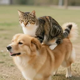 a cat riding a dog