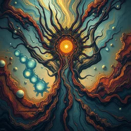 the dream of creation, metaphysical art, slightly abstract, art deco, fluid art, alcohol ink, wet paint, fantasy, dark and thick lines, surrealism, zbrush, unreal engine, vibrant, detailed, by diego koi and ian hornak