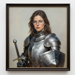 greg manchess oil matte portrait painting, brunette female knight with glasses, sword and shield, rectangular frame, wonderful masterpiece highly detailed, scifi, beautiful cinematic light deep focus, elegant, digital painting, smooth, sharp focus, golden ratio, dramatic illumination, ultra realistic, 4 k, art by greg rutkowski wlop rossdraws