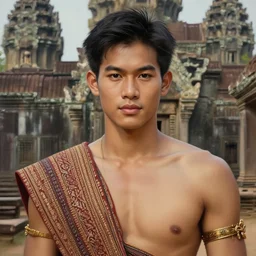 a smart and handsome and beautiful thai male dressed as hunter in armed, close - up portrait, with karen ethnic group traditional clothing as https : / / images. app. goo. gl / xcbjgz 1 atuhvj 2 lw 7, ancient khmer ruin in background, intricate, elegant, loin cloth, highly detailed, oil painting, artstation, concept art, matte, sharp
