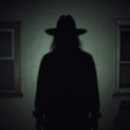 paranormal photo of a shadow people hatman in a house looking at the camera, dark, amateur photo, low quality, grainy, diffuse, blur