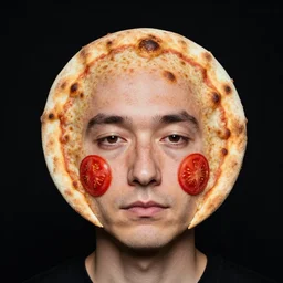 portrait of man with facial deformity making the head a flat and circular disc, looking like a pizza, uneven skin with baked crust appearance, large freckles like burnt spots, cheeks look like tomato slices, soft lighting, sharp focus, black background, masterpiece, photo by jimmy nelson